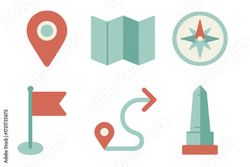 Essential travel and navigation elements featuring map pin, compass, folded map, flag, and winding route path