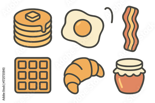 Assortment of classic breakfast food items including pancakes, fried egg, crispy bacon, waffle, fresh croissant, and sweet jam