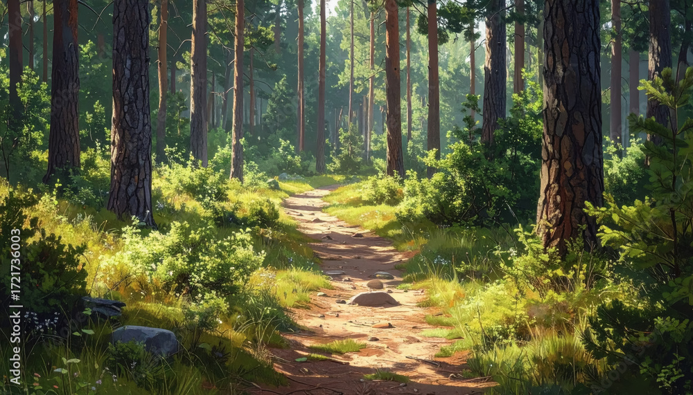 Fototapeta premium Scenic pathway through lush forest leading to a campsite with ample copy space for text above