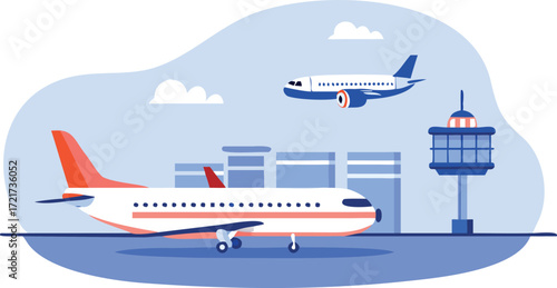 Flat illustration of an airport runway with a plane isolated on transparent background