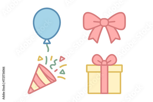 Festive celebration party elements including balloon, gift box, decorative bow, and confetti popper