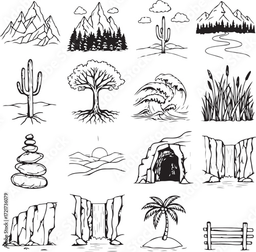 Montage of diverse natural landscape elements in a black and white sketch style nature mountains