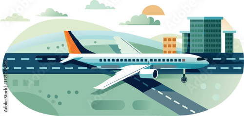 Flat illustration of an airport runway with a plane isolated on transparent background