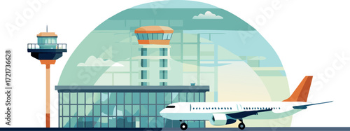 Flat illustration of an airport runway with a plane isolated on transparent background