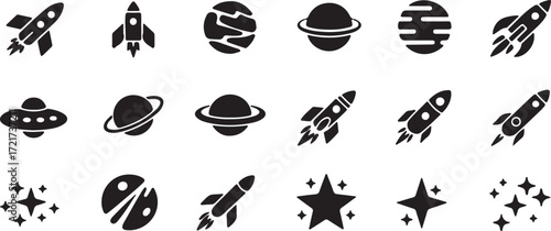 Space Elements Rocket Planets Stars Spaceship Icon Set Black Silhouette on Transparent BG