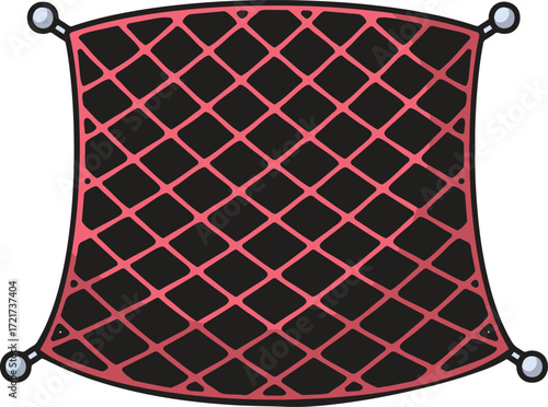 A red diamondpatterned net is stretched by four metal hooks