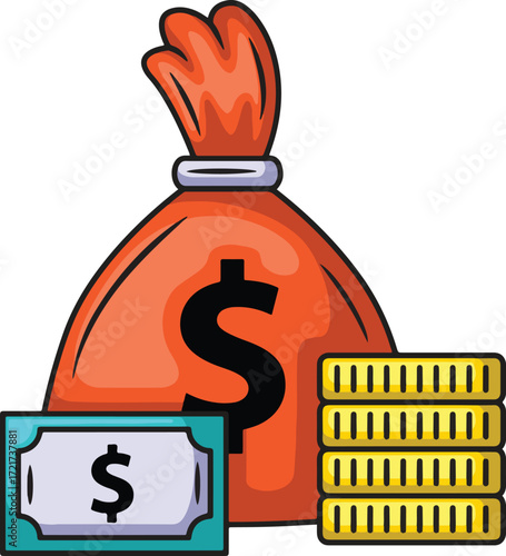 A red money bag with a dollar sign and a stack of coins and a bill