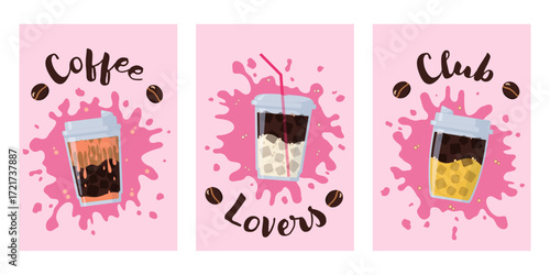 Set of poster designs featuring coffee cups on a colored background with a coffee stain and the text "coffee lovers club". Ideal for invitations, cards, banners, covers, café menus, and other template