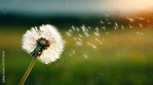 Dandelion seeds blowing in gentle breeze at sunset