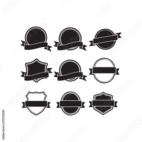 Set of vintage badge and label silhouette vector icons with ribbon elements, retro logo design templates for branding, stickers, emblems, award, promotion, and graphic decoration projects