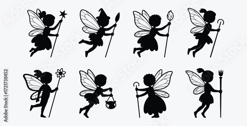 Collection of cute fairy silhouettes with wings and magic wands