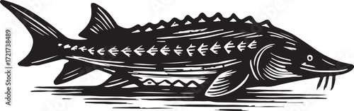 Artistic black and white woodcut illustration of a prehistoric sturgeon fish with prominent dorsal fins and barbels