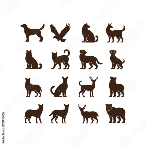 Set of brown silhouette icons of cats and dogs in different poses, domestic animal illustration vector perfect for pet shop, veterinary clinic, pet lover designs, and animal graphics decorations