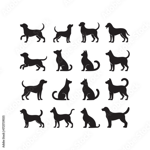 Vector collection of dog silhouette icons in different poses and breeds, black animal illustration set perfect for pet shop, veterinary, dog lover, puppy care, training, and animal graphics design