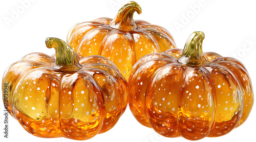 Three decorative glass pumpkins with brown stems on white background, perfect for fall and Halloween decorations