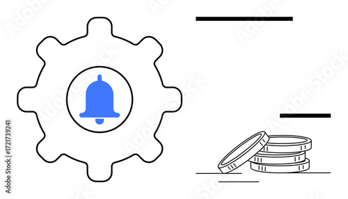Gear with a notification bell at its center and coins stacked beside it. Ideal for finance, budgeting, financial alerts, settings, notifications, business management, and economy. Simple flat