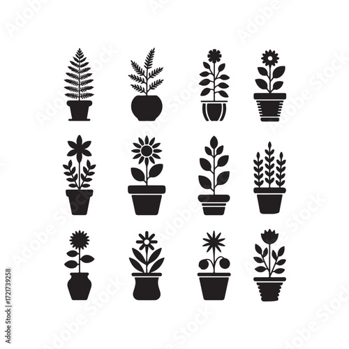 Vector set of decorative potted plant silhouettes featuring indoor houseplants and flowers, simple black icons for home decor, gardening, botanical design, and eco friendly natural illustrations
