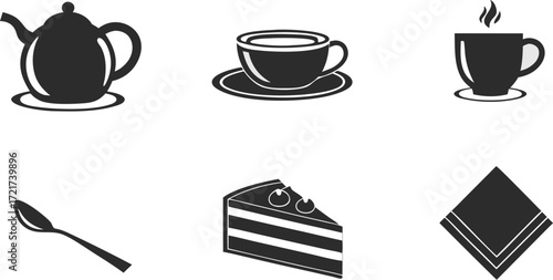 Collection of simple black silhouette icons representing tea time and desserts including teapot cup cake and napkin