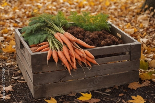 Ernte frischer Karotten im Herbst, in einem Holzkorb auf buntem Laub