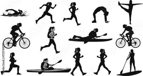 Outdoor training sport activities. Female silhouette. Woman swimming, trekking, running, cycling, doing yoga, hiking, kayaking, stand up paddle boarding. EPS version.