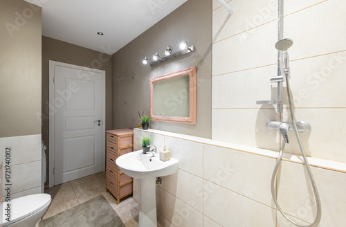 Wallpaper Mural Modern Home Bathroom Interior with Sink, Mirror, and Shower in Neutral Tones Torontodigital.ca