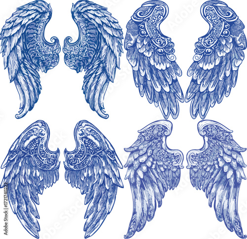 Vector art of hand drawn angel wings in vintage style