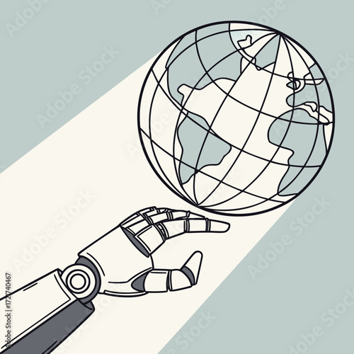 A robotic arm holds a globe with continents outlined in black lines against a light background color