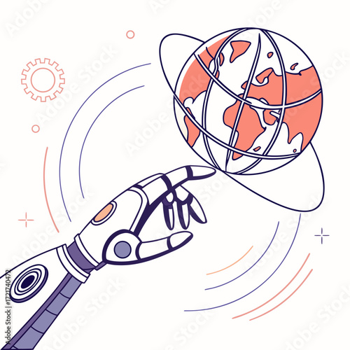 Robotic hand touching a stylized globe with continents and orbital lines in a modern design style
