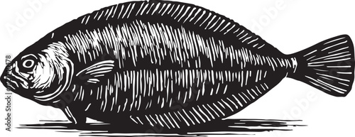 Detailed black and white woodcut illustration of a flatfish or flounder swimming on a white background