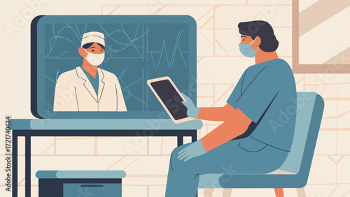 Patient online doctor consultation via tablet isolated on transparent background