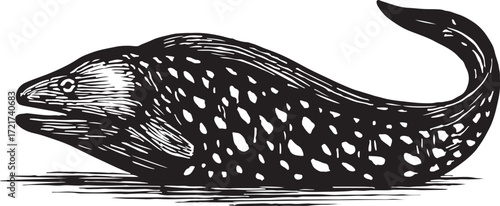 Whimsical black and white illustration of a spotted fish with an open mouth and curled tail
