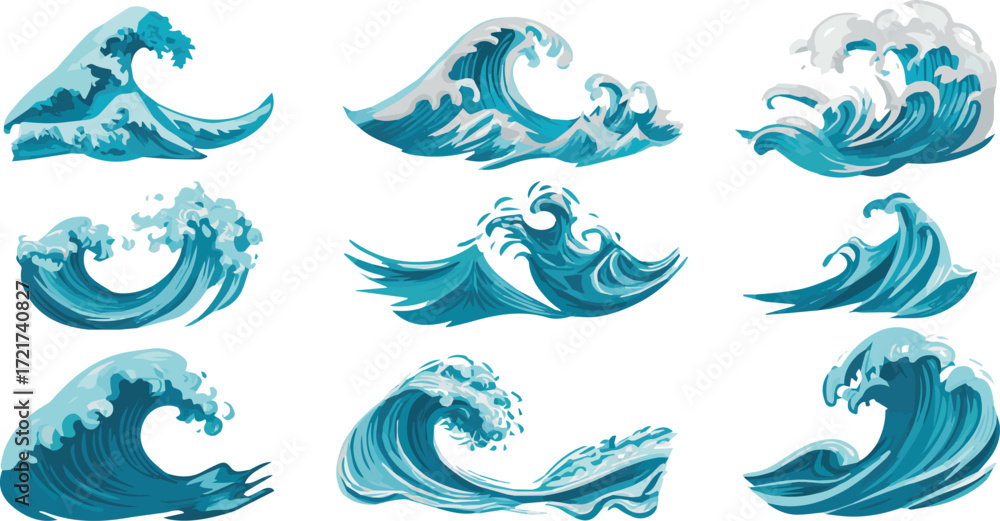 Fototapeta premium Vector art of collection of nine blue sea waves with white foam