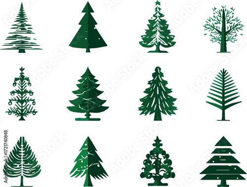 Vector art of set of twelve green christmas trees in different styles