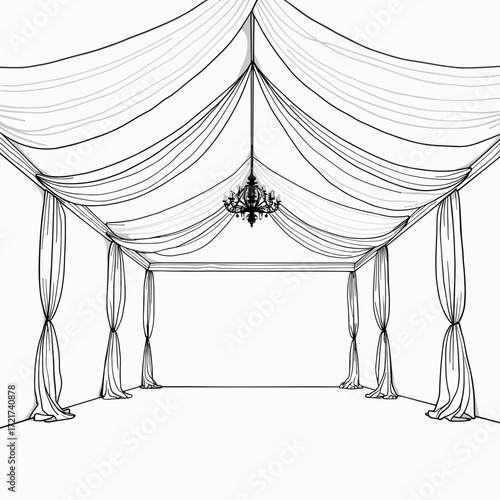 Elegant event space with draped fabric and chandelier in minimal style  