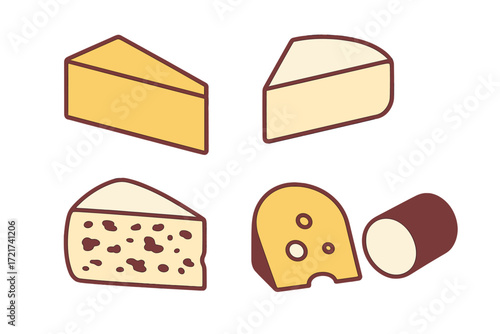 Collection of diverse cheese varieties featuring wedges, blocks, and a log shape on a white background