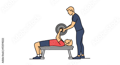 Personal trainer assisting client with bench press exercise.