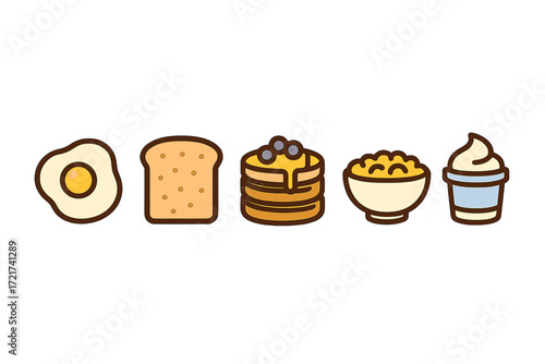Collection of popular breakfast food icons featuring fried egg, toast, pancakes with blueberries, cereal, and yogurt