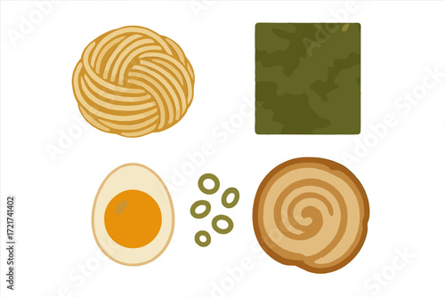 Various traditional Japanese ramen noodle soup ingredients including egg, noodles, seaweed, pork, and green onions