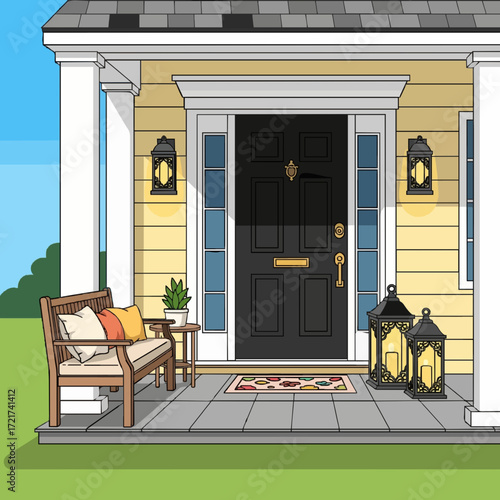 A beautiful and inviting front porch scene of a traditional home, featuring a classic black door, cozy bench, and decorative lanterns