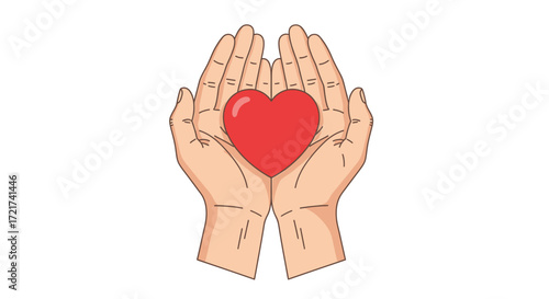Two hands gently cradling a red heart.