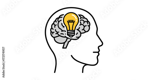 Illustration of a head with a lightbulb inside the brain.