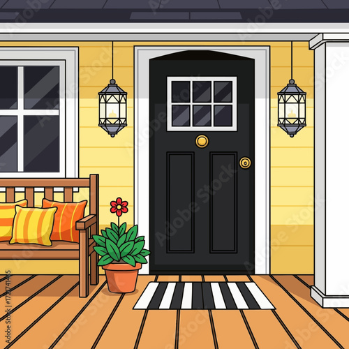 Welcoming home facade with a cozy front porch, elegant black door, and warm lantern lighting cartoon
