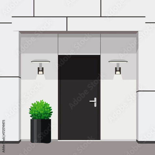 Vector illustration of a stylish front entrance to a modern home or office with minimalist architectural details