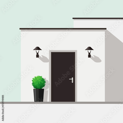 Flat design vector illustration of a modern building entrance with a dark door and outdoor lighting