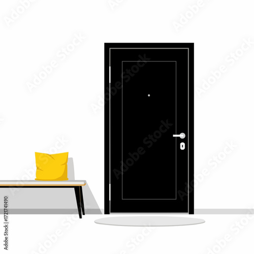 Minimalist home entryway interior with a black front door, a modern bench with a yellow accent pillow, and a doormat against a white wall vector illustration