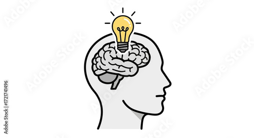 Illustration of a lightbulb illuminating a brain inside a head.