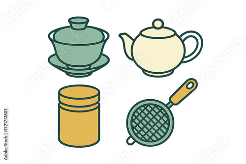 Traditional tea ceremony accessories including teapot, gaiwan, tea caddy, and strainer for brewing and serving hot beverages