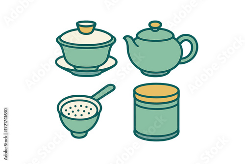 Collection of essential tea ceremony elements featuring a classic teapot, lidded cup, strainer, and storage container