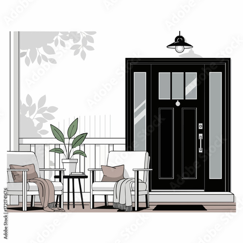 A welcoming front porch with modern armchairs and a black door, creating a cozy and relaxing entryway for a home
