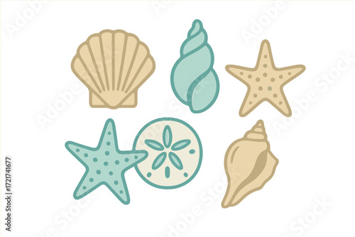 Stylized collection of seashells, starfish, and sand dollar from ocean floor for summer beach themes